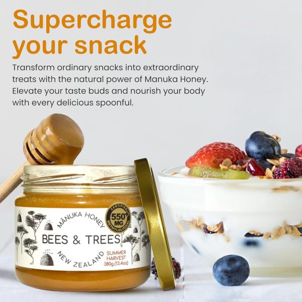 Bees & Trees Manuka Honey High Activity Certified 550+ Methylglyoxal - 100% Pure New Zealand Monofloral, Raw & Unpasteurized - Authentic Delicious Superfood Ideal for Dietary Health - 380g Glass Jar - Image 7
