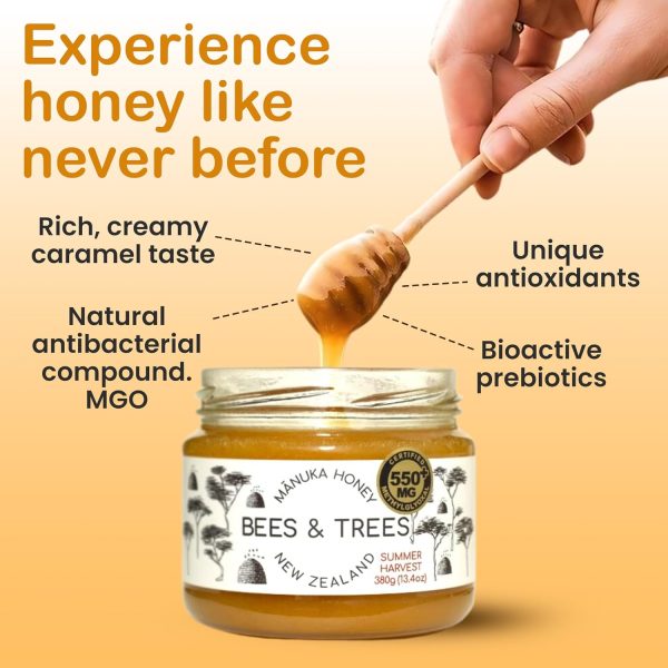 Bees & Trees Manuka Honey High Activity Certified 550+ Methylglyoxal - 100% Pure New Zealand Monofloral, Raw & Unpasteurized - Authentic Delicious Superfood Ideal for Dietary Health - 380g Glass Jar - Image 2