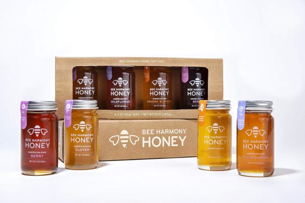 Bee Harmony Classic Honey Flight, Mini Honey Gift Set, 4 Jars, 3 OZ Each, Premium Raw Honey, Made in the USA