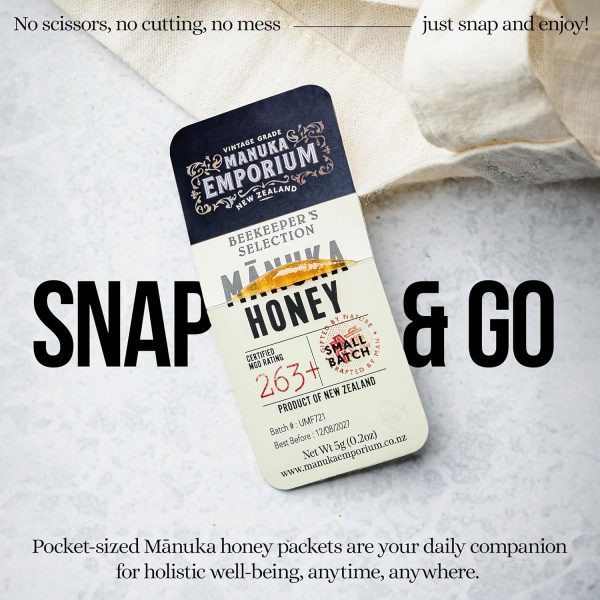 Manuka Emporium Raw New Zealand Manuka Honey Packets MGO263+ (UMF 10+ Equiv.) 24 x 0.18oz Individual Snaps | Ideal for Travel, Sports, Superfood Snacks and On-the-Go Daily Wellness - Image 6