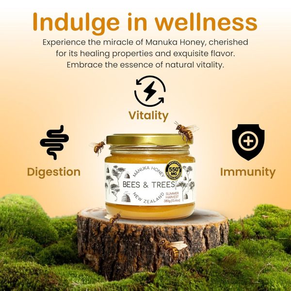 Bees & Trees Manuka Honey High Activity Certified 550+ Methylglyoxal - 100% Pure New Zealand Monofloral, Raw & Unpasteurized - Authentic Delicious Superfood Ideal for Dietary Health - 380g Glass Jar - Image 5